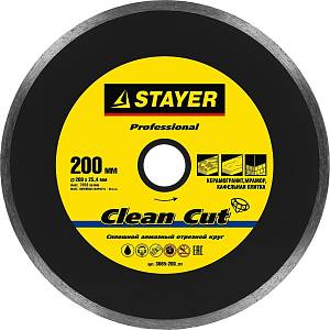Clean Cut 200 мм, диск алмазный отрезной сплошной по керамограниту, мрамору, плитке, STAYER Professional 3665-200_z01
