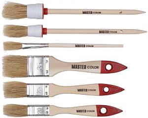 Набор из 6 кистей с деревянными ручками: флейц. кисть 20 мм, 25 мм, 35 мм (55% топс); круглая кисть Ø20 мм, Ø25 мм, кисть художественная для подкраски MASTER COLOR